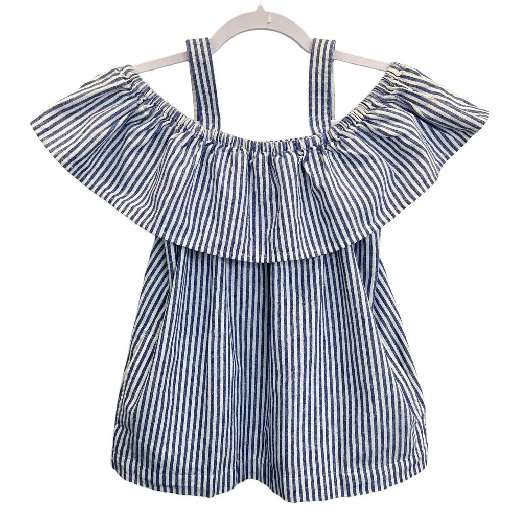 J.Crew Striped Linen Blend Cold Shoulder Ruffle Blouse Blue White Womens Size 00